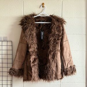 Dolls Kill Current Mood Secret of Patience Toggle Brown Suede Faux Fur Trim Coat